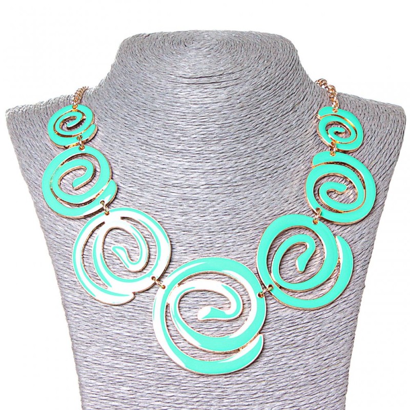 Collier Aquarelle, spiralförmige Einsätze, die nach Größe abnehmen, goldfarbenes Metall und Aquamarin-Glanz (30×5)