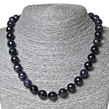 Aventurin-Halskette (synthetisch) Blaues Sand Nacht Kaïra, facettierte Kugel 12 mm, Länge 46 cm