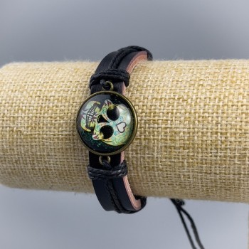 Armband aus Öko-Leder Schädel mit Herz, verstellbares Zugband, 1 Stück