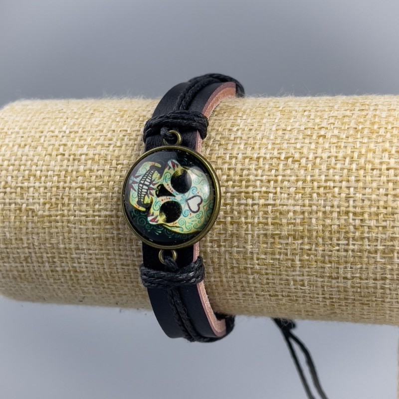 Armband aus Öko-Leder Schädel mit Herz, verstellbares Zugband, 1 Stück