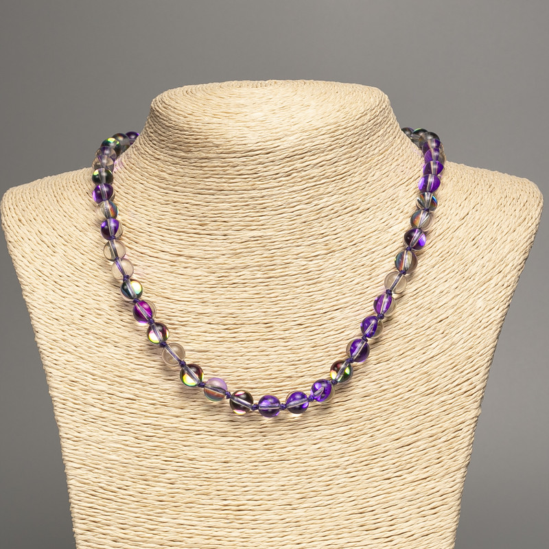 Opalglas-Perlenkette «Violett-Chamäleon», glatte Kugeln, Durchmesser ca. 8 mm, Länge ca. 49 cm
