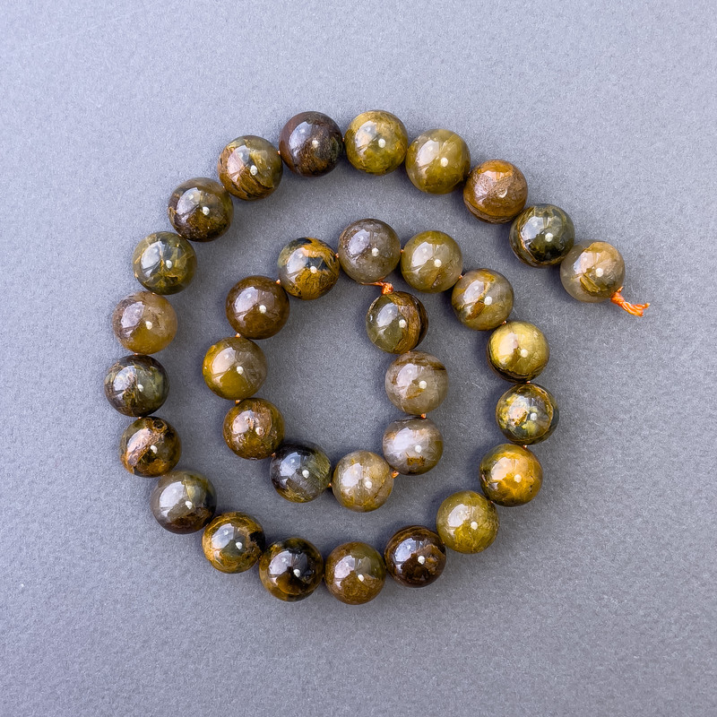 Perlen aus gelbem Petersit, Naturstein, glatte Kugeln, Durchmesser 12 mm ±, Länge ca. 39 cm