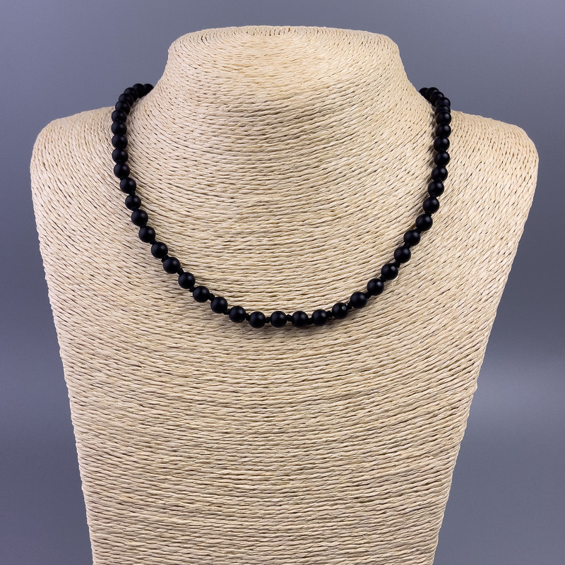 Schungit-Kette mit glatten Kugeln, Durchmesser ca. 6 mm, Länge ca. 49 cm