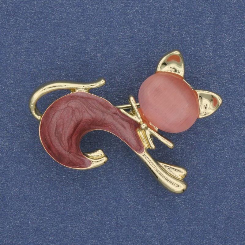 Brosche 'Kätzchen' rosa Katzenauge, rosa Perlmutt, goldfarbenes Metall 28×23 mm