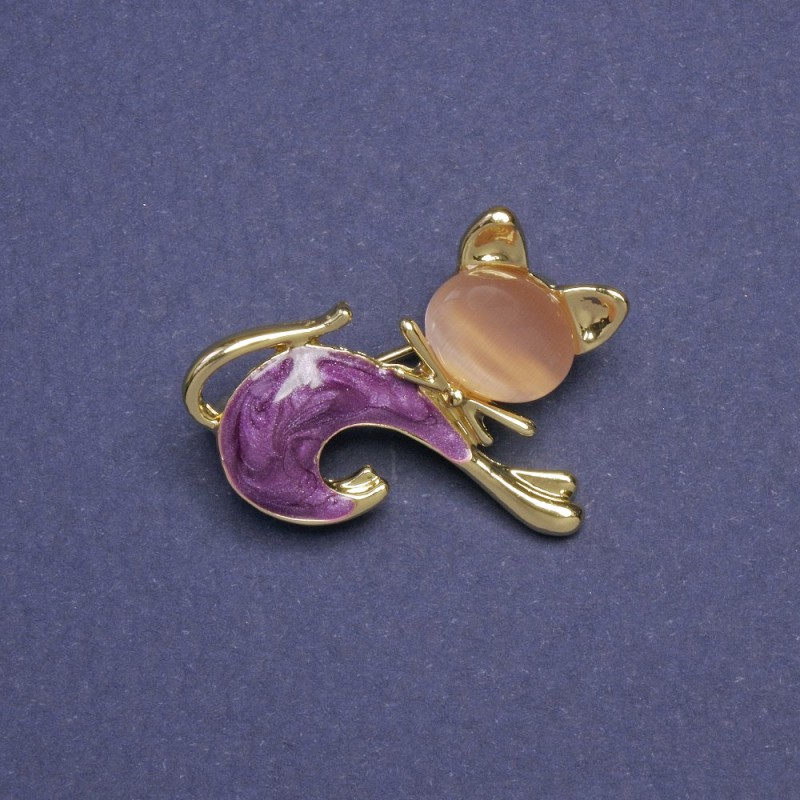 Brosche «Kätzchen» beige Katzenauge, violetter Perlmutt, goldfarbenes Metall 28×23 mm