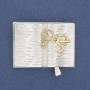 Brosche 'Buch mit Brille' hellgraue Emaille und goldfarbene Emaille, silberfarbenes Metall 35×26 mm