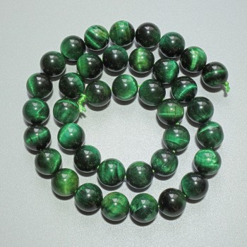 Grüne Katzenaugen-Perlen aus Naturstein, glatte Kugeln, Durchmesser ca. 10 mm, Länge ca. 38 cm, auf Faden