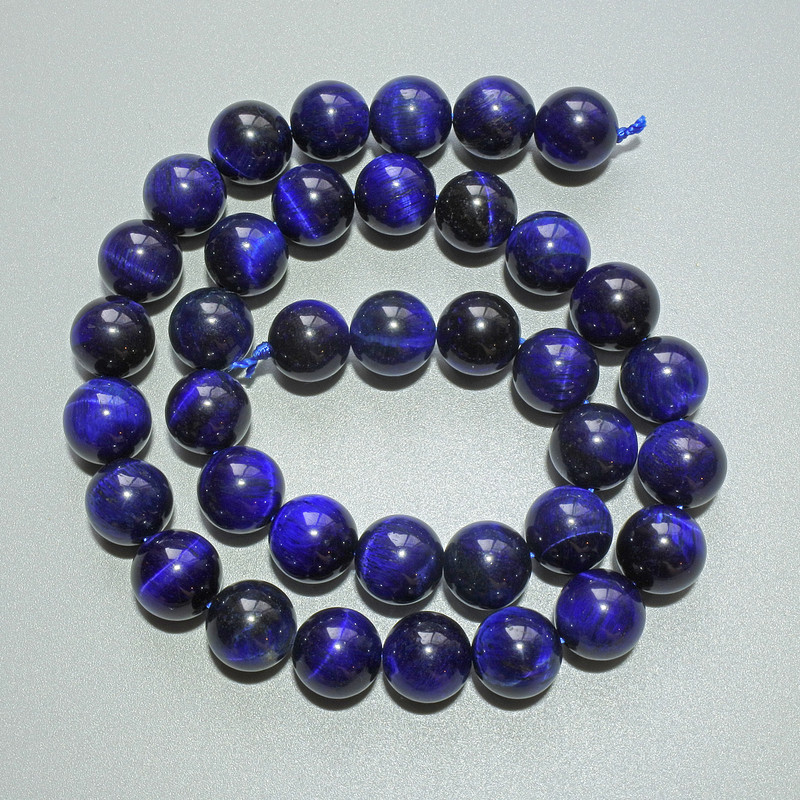 Perlen Blaues Katzenauge aus Naturstein, glatte Kugeln, Durchmesser ca. 10 mm, Länge ca. 38 cm, auf Faden