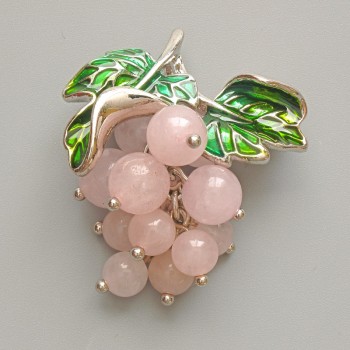 Brosche-Anhänger Weintraube mit Rosenquarz, grüne Emaille, silberfarbenes Metall 35×45 mm