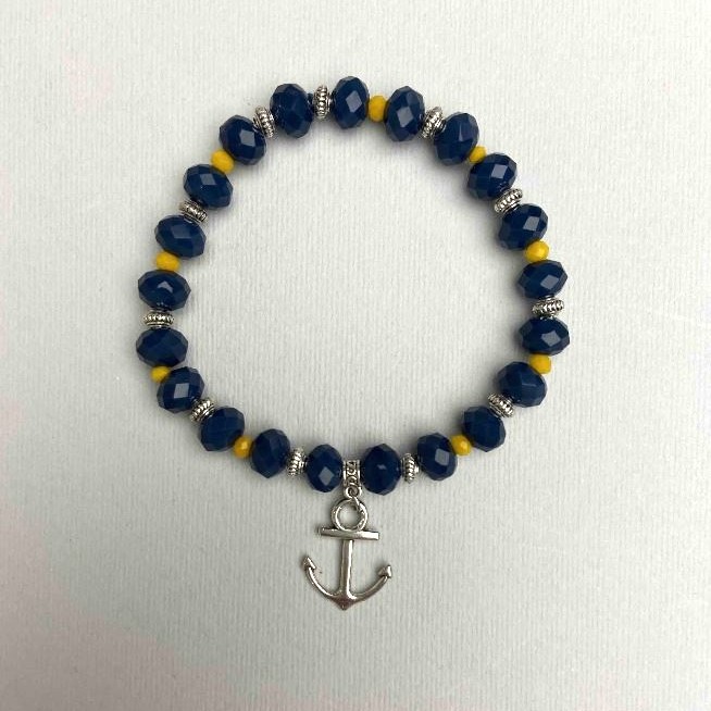 Armband aus tschechischem Kristall, blau und gelb, facettierte Rondellen, Durchmesser 8 x 6 mm, 3,5 x 3 mm ±, Länge 18 cm (Stretch) mit Metall-Einsätzen