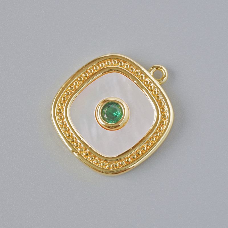 Pendant with Mother-of-Pearl and Green Crystal, gold-tone metal, 17x15 mm diameter