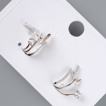 Earrings 'Lightning' Xuping with White Crystals, diameter 16x16 mm, without a clasp, rhodium-plated