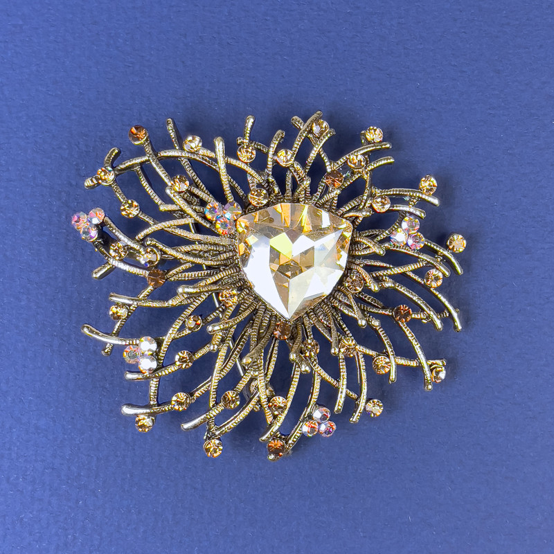 Sale! Accent Brooch with Yellow Crystals and Yellow Crystal, Bronze-Gold Metal Finish, 55 mm Diameter +