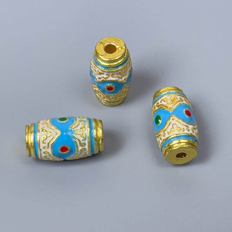 Cloisonné Barrel Bead - White-Blue-Red Enamel, 8x14 mm, hole 2 mm, gold-tone metal, 1 pc