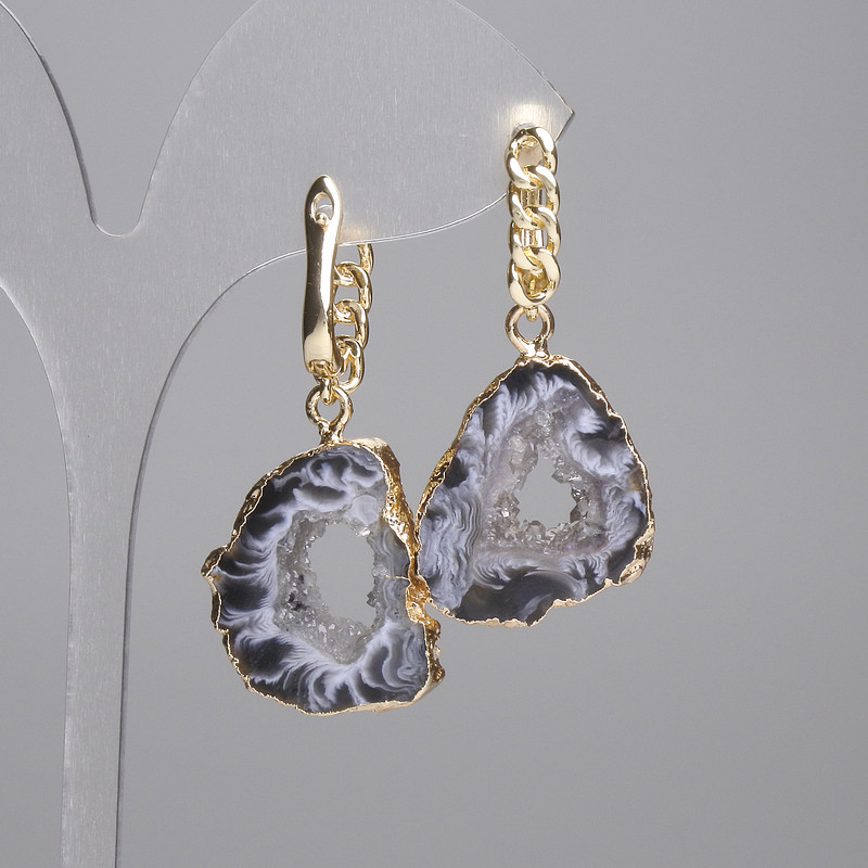 Earrings agate druzy cut 24x19 mm +/-, length 43 mm +/-