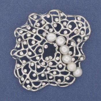 Accent Brooch-Pendant with White Pearls, Crystals, Silver-Colored Metal 55×64 mm+