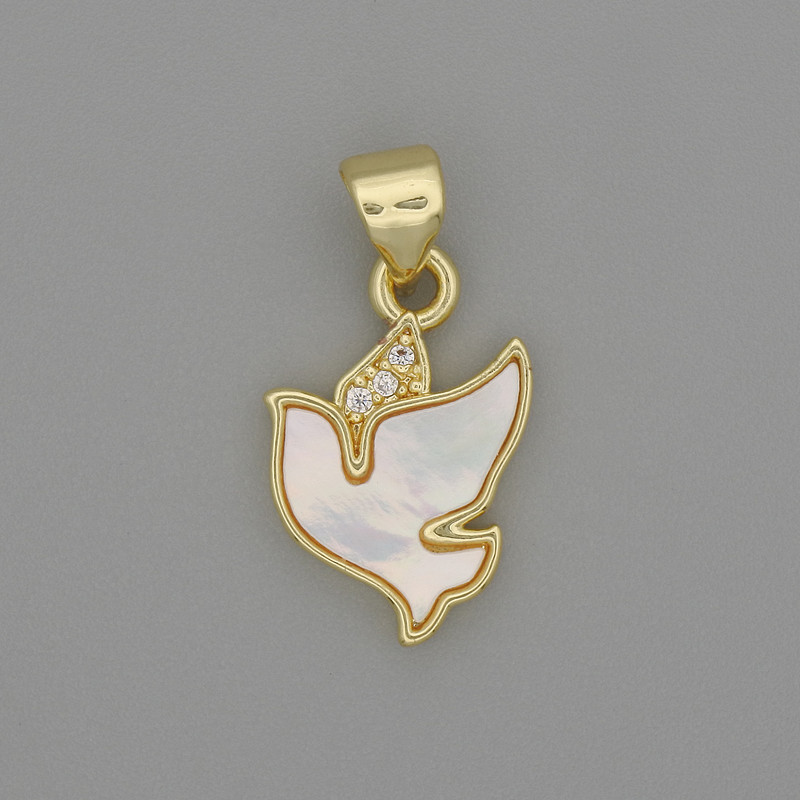 Pendant 'Dove' Made of Mother-of-Pearl with White Crystals, Golden Metal, diameter 16×11 mm ±, length 20 mm ±