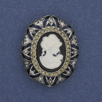 Cameo Brooch 'Lady' with Crystals, Silver-tone Metal, 32x25mm +