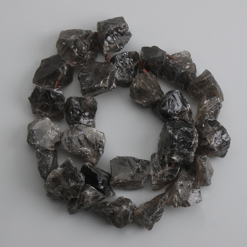 Smoky quartz beads, unpolished stones, diameter 15–20×8–20 mm, length 40 cm ±