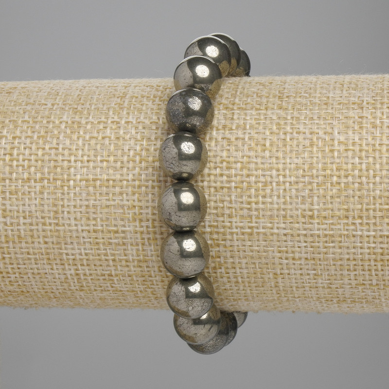 Pyrite bracelet with smooth beads, 10 mm diameter, 18 cm length, elastic