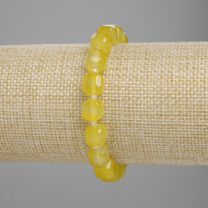 Yellow Agate Bracelet with Faceted Cube Beads, 8.5×8.5 mm, 3 mm Seed Beads ±, 18 cm ± Elastic