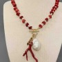 Necklace with Coral Chips, 8–10 mm diameter ±; Oval Freshwater Pearls, 4×3 mm, with Twig and Baroque Pearl Pendants, Length 43 cm + Toggle