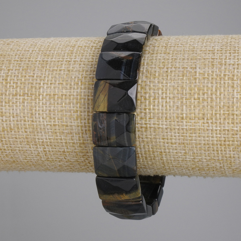 Bracelet with Tiger's Eye and Hawk's Eye, Faceted Links, 15×11 mm Diameter, 18 cm Length, Stretch