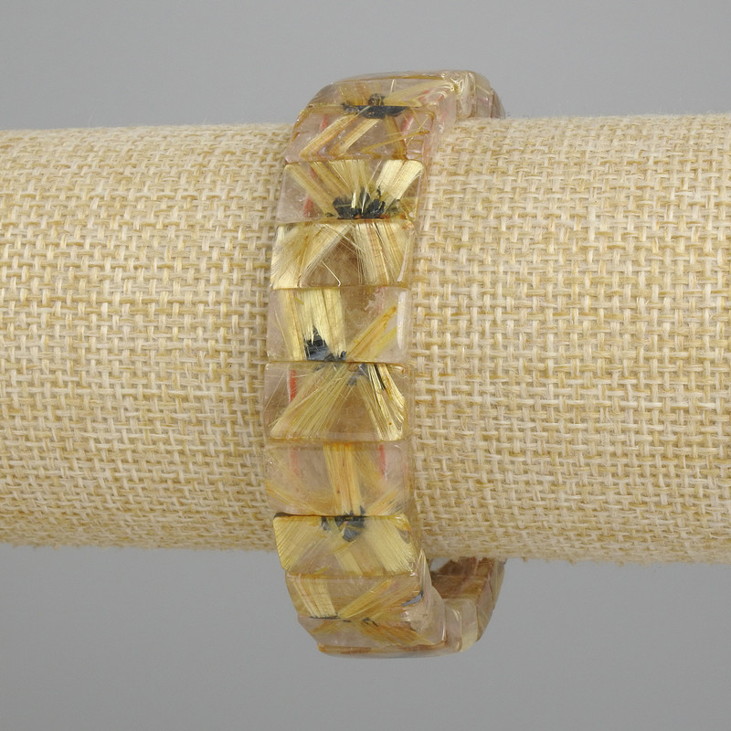 Bracelet, Natural Stone, Rutilated Quartz (Hair Quartz), Smooth Links, Diameter 17.5–18×8–9 mm, Length 18 cm, Stretch