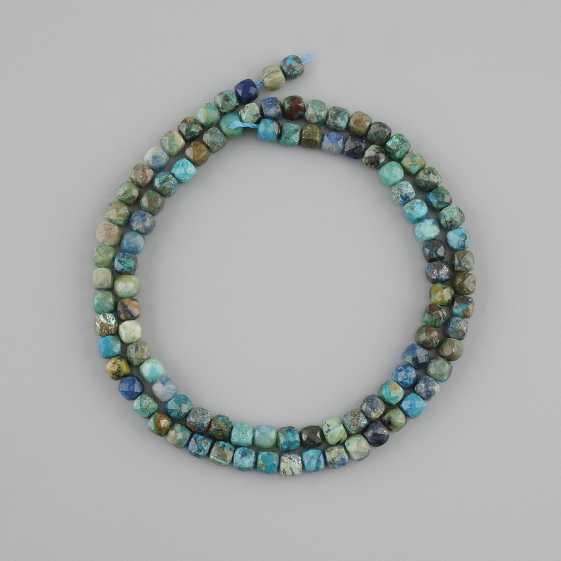 Chrysocolla beads, natural stone, faceted cube beads, 4x4 mm, length 39 cm ±