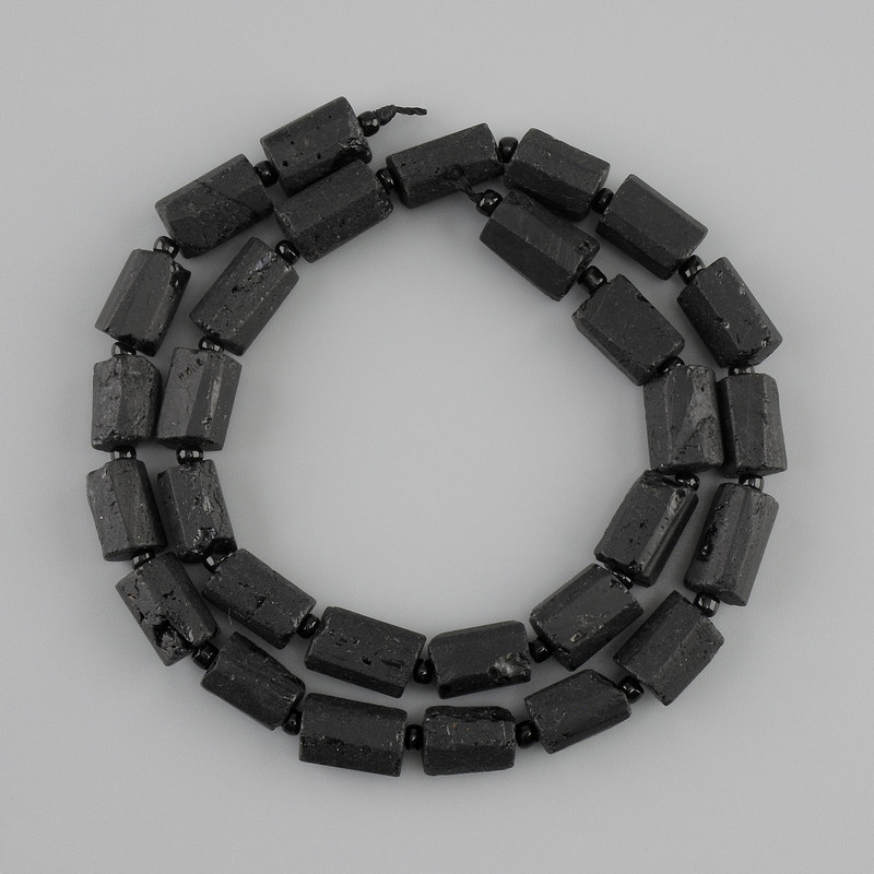 Tourmaline Schorl Cut Beads, diameter 10.5–12 × 7–7.5 mm, seed beads 3 mm ±, length 39 cm ±