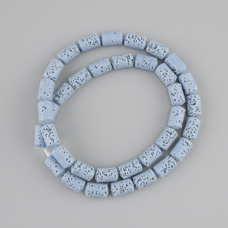 Blue volcanic lava beads, cylindrical, 10×6 mm, on thread, length 38 cm+
