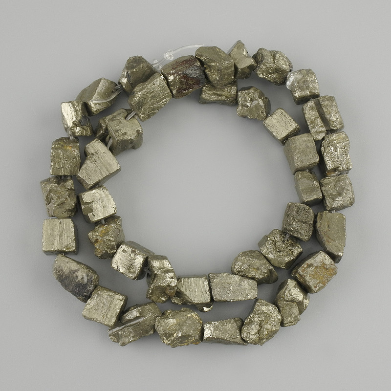 Pyrite Beads, Unpolished Stone, diameter 4.5–9 × 5.5–8 mm, length approx. 38 cm, on thread