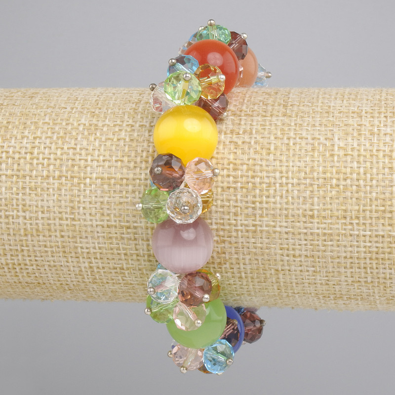 Cat's Eye Smooth Bead Bracelet, diameter 14mm+- Czech Crystal faceted rondelle 8x6mm+-, length 18cm+- stretch