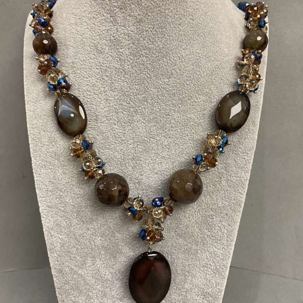 Agate and Czech Crystal Necklace 62 cm+
