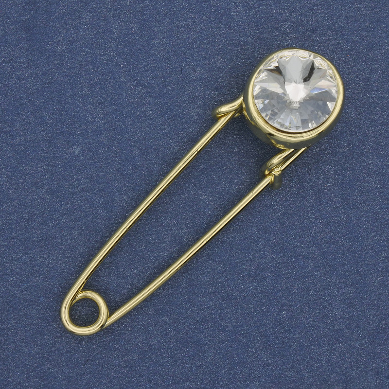 White Crystal Brooch Pin, 38×10 mm ±, Gold-tone Metal