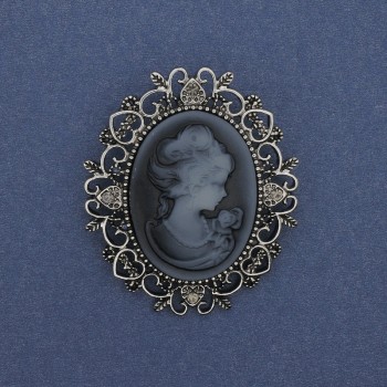 Cameo Lady Brooch Pendant with Rhinestones, Silver-tone Metal, 48x44 mm +