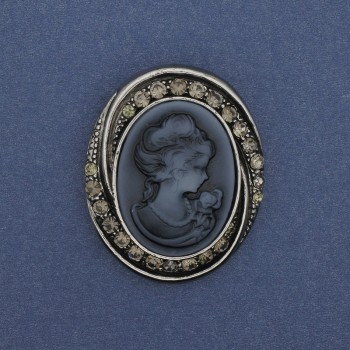 Cameo Lady Brooch Pendant, Rhinestones, Silver-Toned Metal, 44×37 mm +
