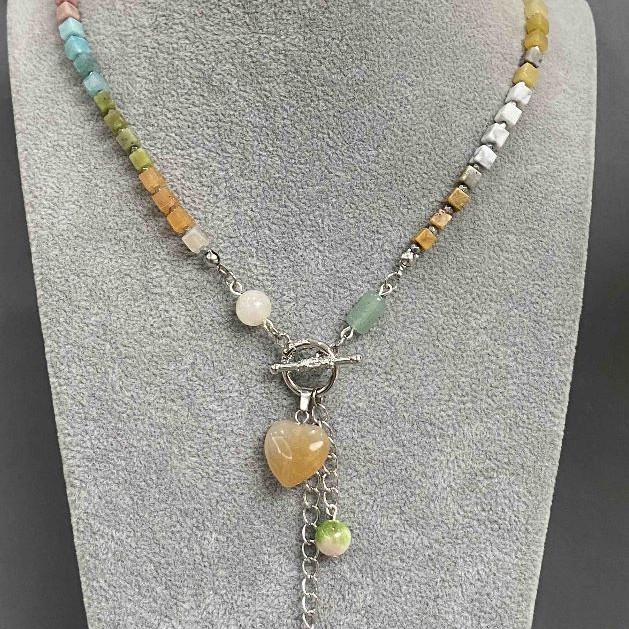 Choker of Cabochon Chalcedony, Rhodonite, Jasper with Cubes 4×4mm±, Seed Beads 3mm±, with Pendants, length 43cm + toggle