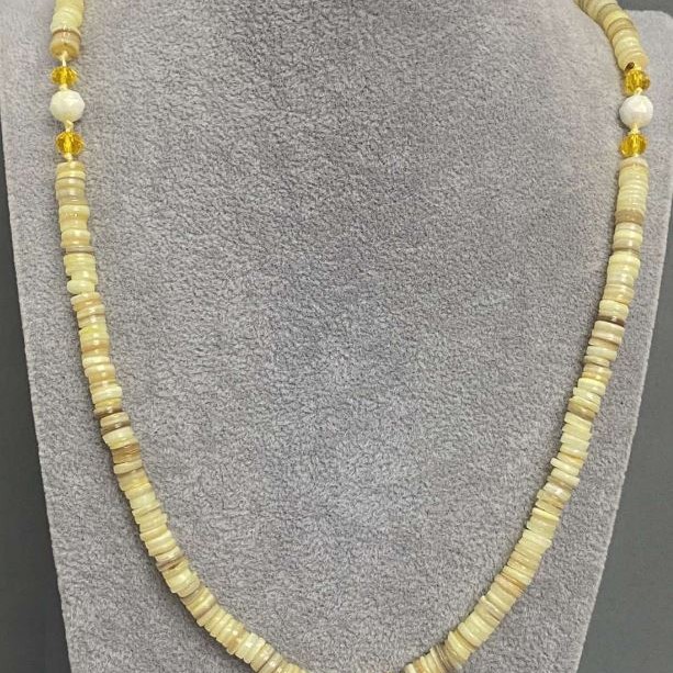 Long Scapharca shell necklace, rondelle 6x2mm+- Czech crystal faceted ball 8mm, length 90cm +