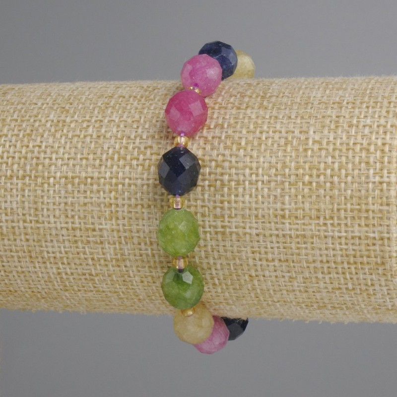 Tourmaline Beaded Bead Bracelet, Garnet-cut 10x9mm, 3mm+ seed beads, 18cm length stretch