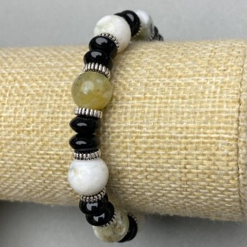 Bracelet Green Opal smooth round bead, diameter 10mm ±, Agate rondelle, diameter 8x4mm ± with inserts, length 18cm ± stretch
