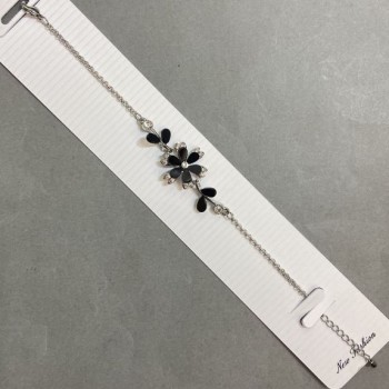 Bracelet 'Black Flower' with White Rhinestones