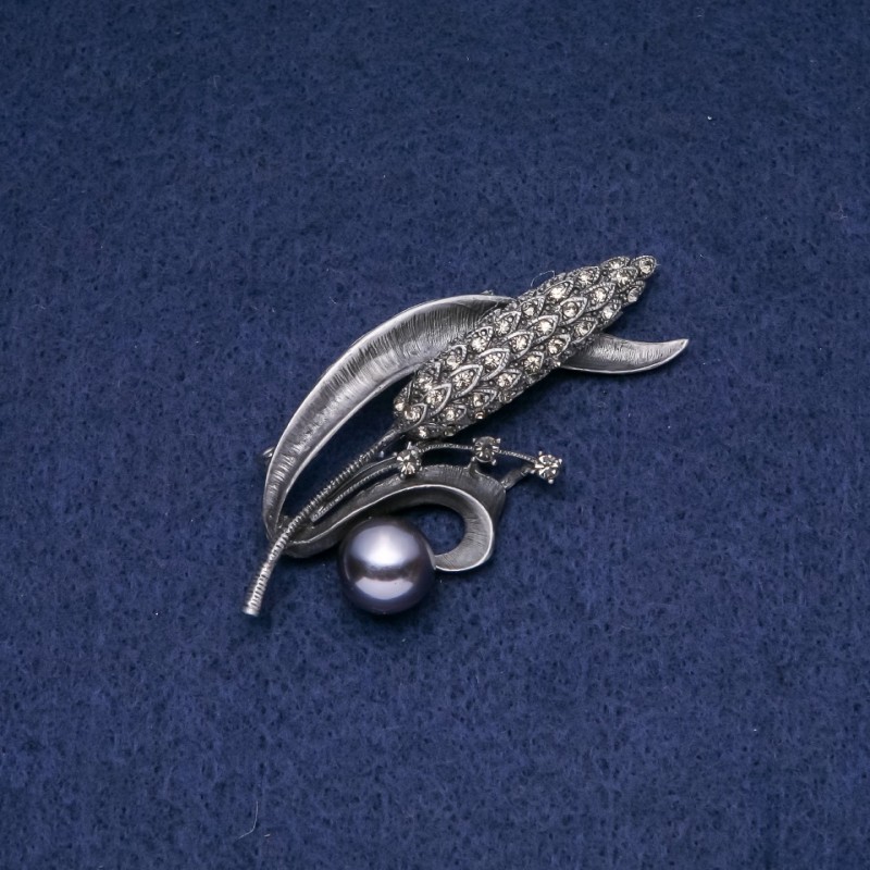 Sale! Brooch Pendant Ear of Wheat with Majorca Black Pearls (Majorca 68x30 mm)