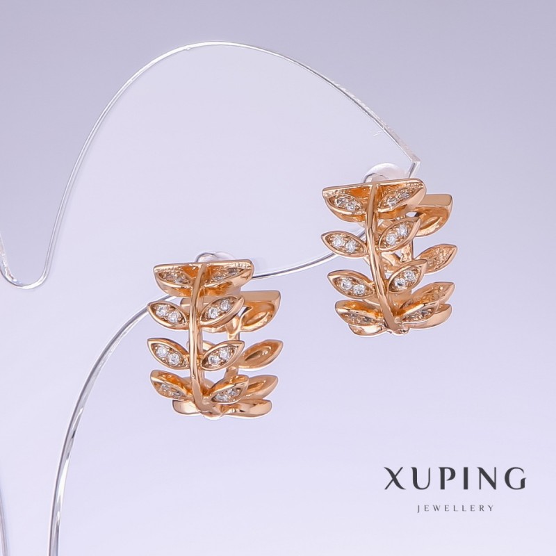 Xuping Branches Earrings with White Zircon, 15mm length, 9mm thickness, 18K Gold Plated