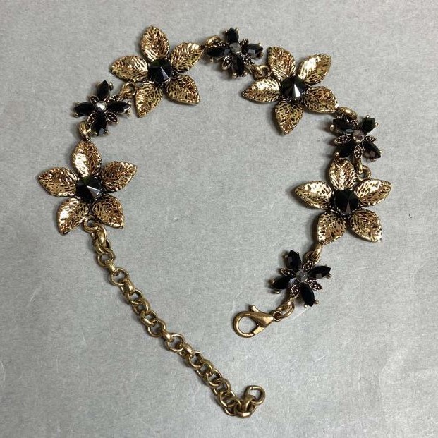 Bracelet 'Lilies' with Black Crystals, color Dark Gold, width 25mm, length 19–25cm