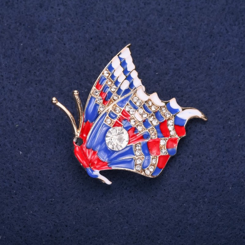 Sale! Butterfly Brooch with White Rhinestones, Blue and Red Enamel, 40x38 mm, Yellow Metal