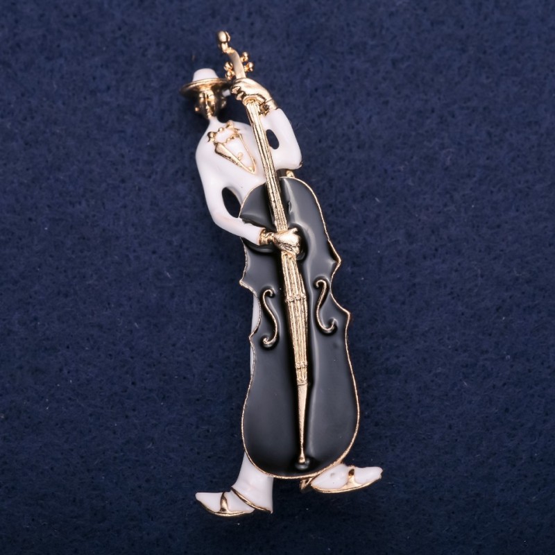 Sale! Brooch 'Musician' with white and black enamel on gold-tone metal, 67×26 mm