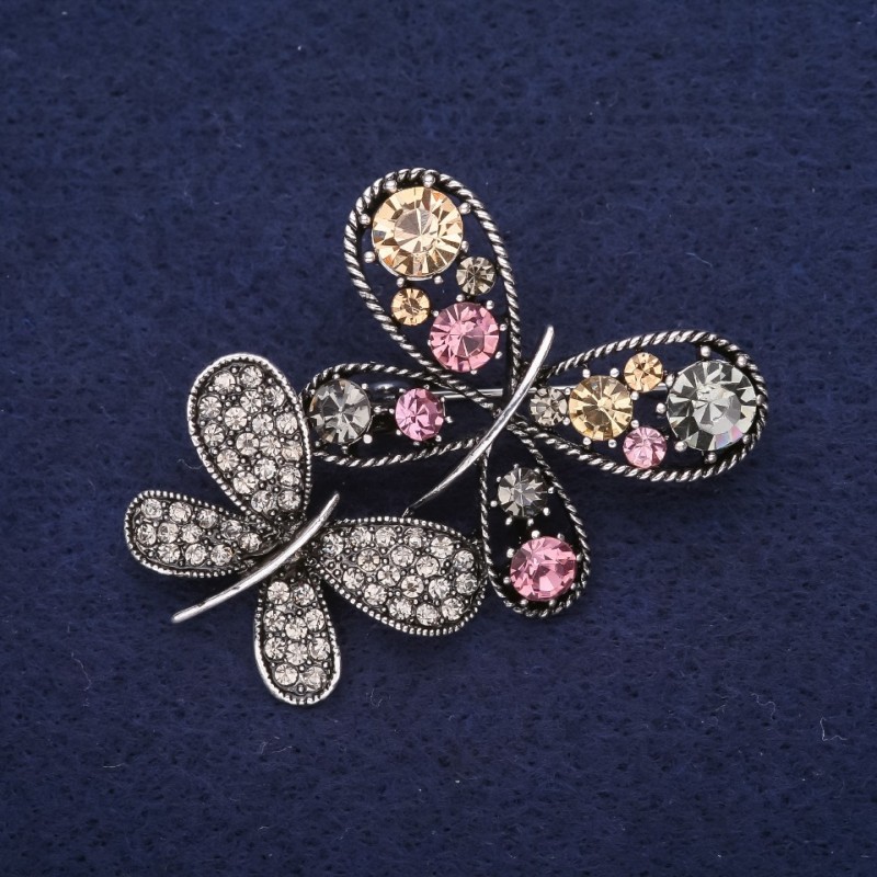 Sale! Butterfly Brooch with Rhinestones in Yellow, Lilac, and Gray, 45×35 mm, Silver-Colored Metal