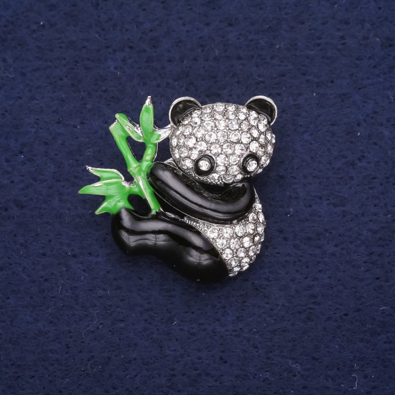 Sale! Panda Brooch with Enamel and Rhinestones — White, Black, and Green — 28×28 mm, Silver-tone Metal