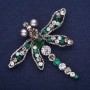 Sale! Large Dragonfly Brooch with Crystals, Green-Grey-White, 65×69 mm, Silver-tone Metal